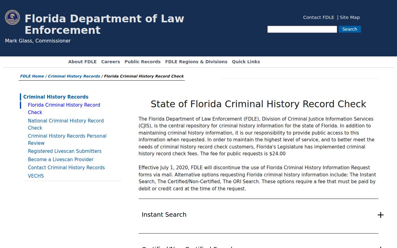 Florida Department of Law Enforcement criminal history check information page