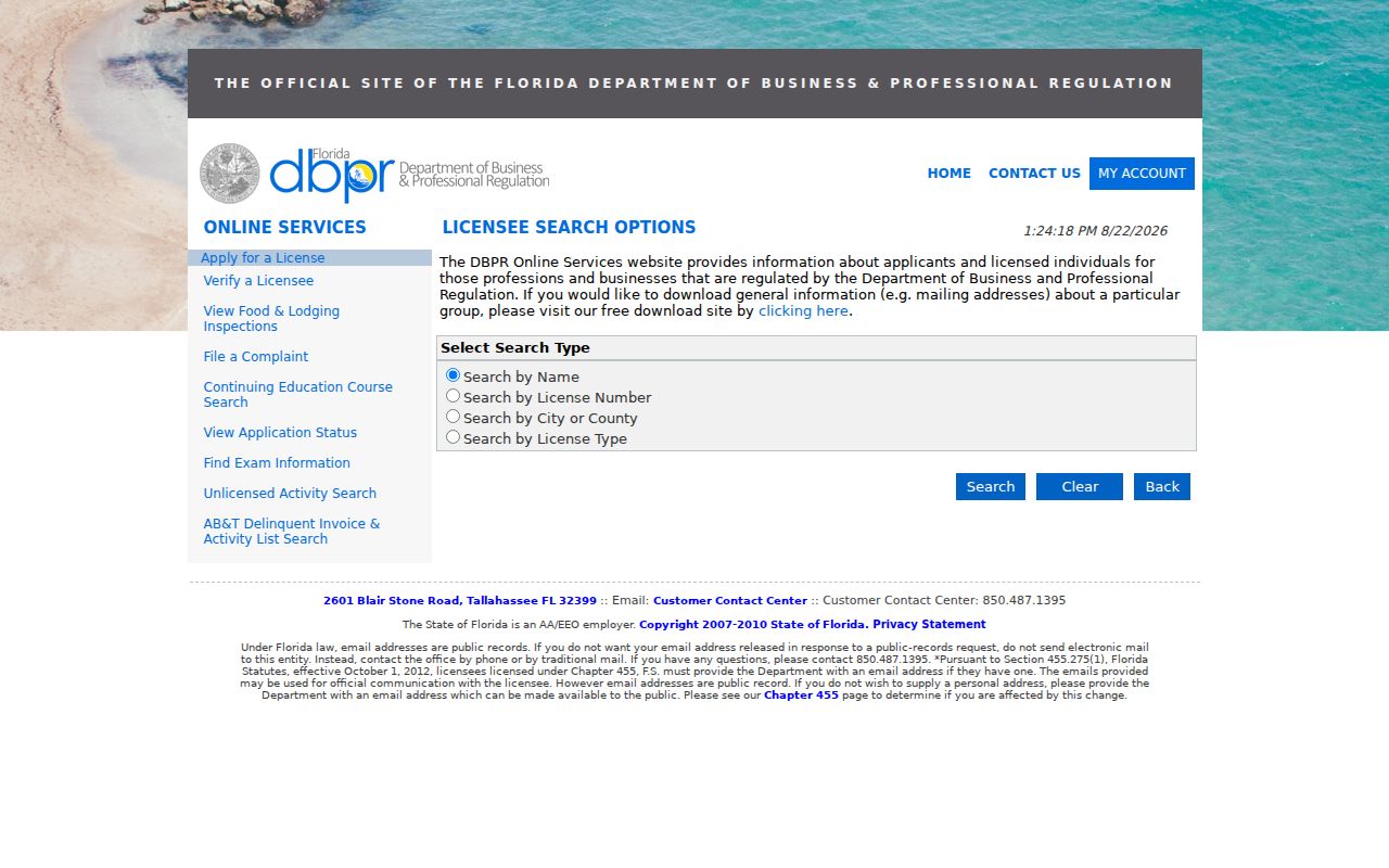 Florida DBPR professional license search interface